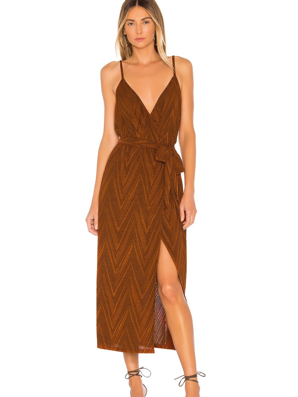 MinkPink Red Metallic Wrap Midi Dress